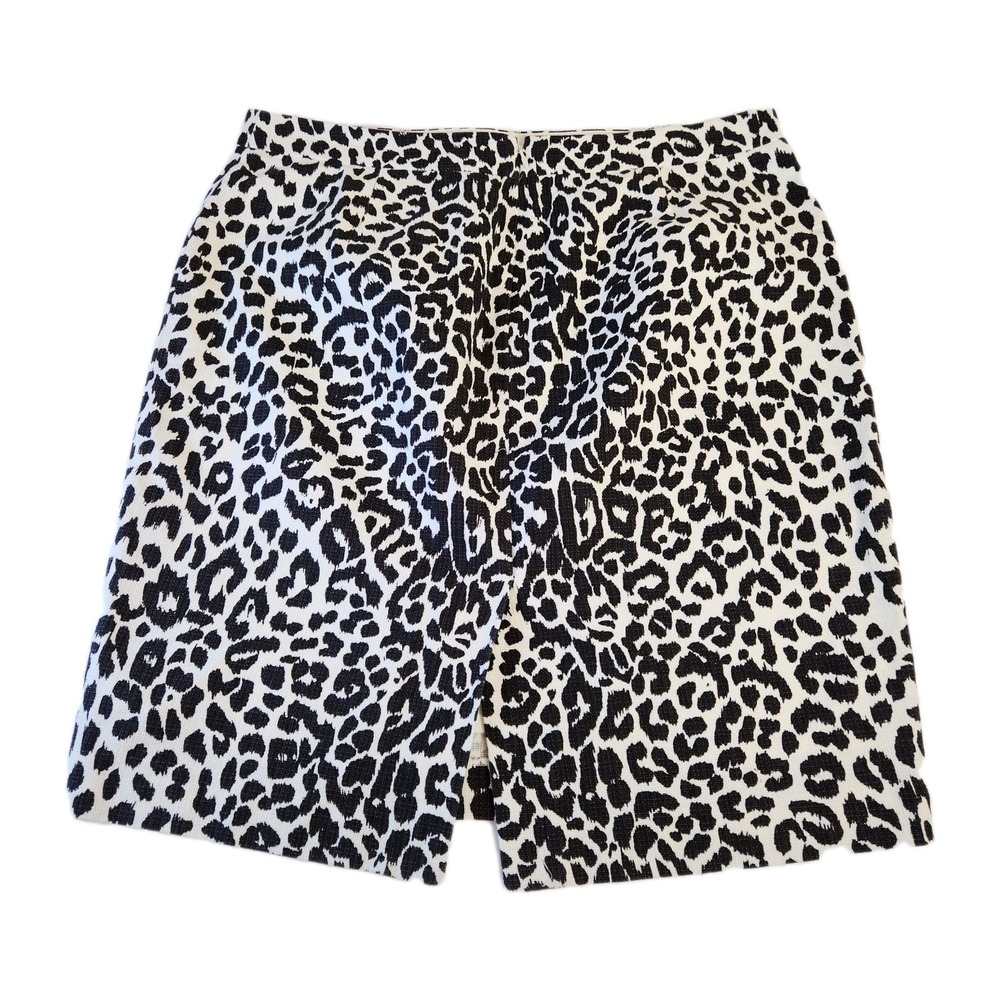 J Crew Womens Leopard Print Pencil Skirt Sz 12 Black & White Stretch Knee Length